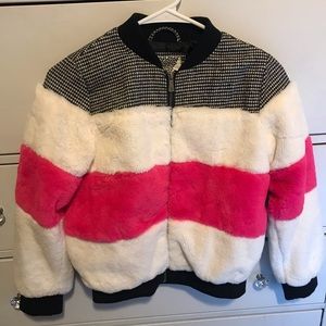 Kenzie Girl Faux Fur Jacket. Hot pink, white and tweed.
